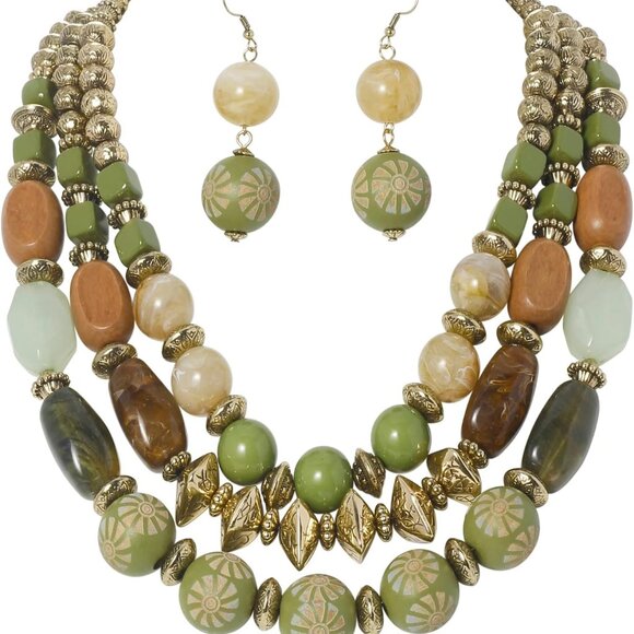 3 Layer Chunky Beaded Necklace Earrings Set Multi Layer Acrylic Jewelry Women - Picture 1 of 7